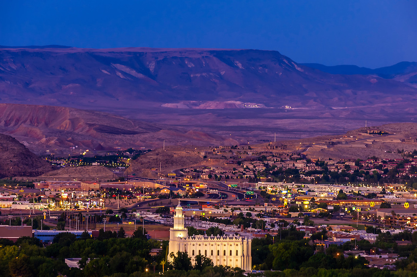 A predawn cityscape of St. George, Utah, USA featuring the illuminated Chur...